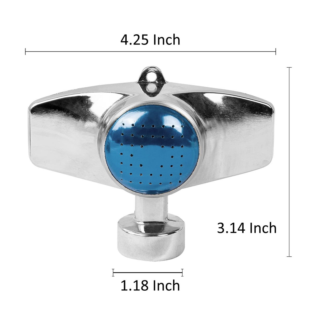 Hourleey 360-degree blue sprinkler, side view, compact irrigation for tight spaces.