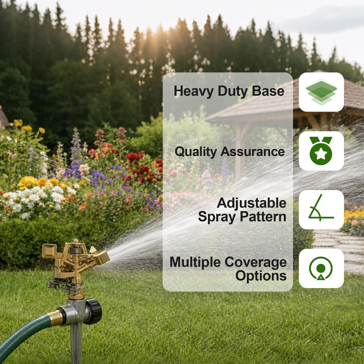 Hourleey sprinkler reaches 20–35 ft radius for patios and lawns