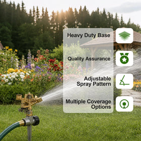 Hourleey sprinkler reaches 20–35 ft radius for patios and lawns