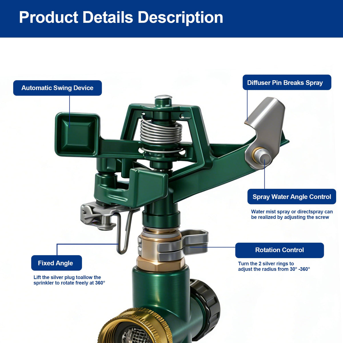 Hourleey steel ground stake keeps the sprinkler stable during use.