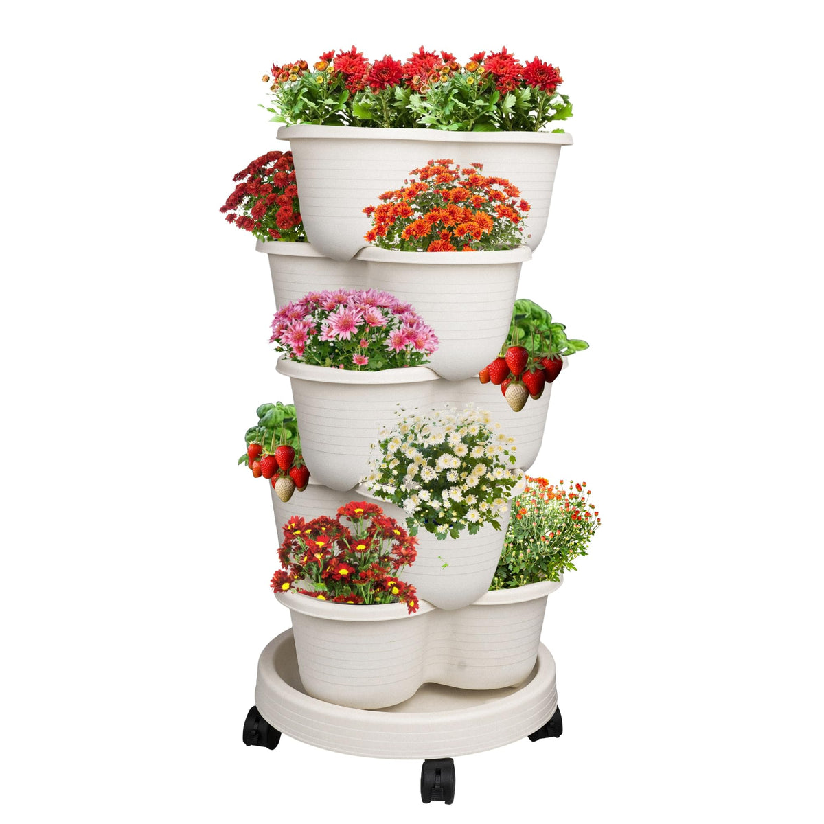 Hourleey strawberry planter 5-tier side view shows compact vertical garden setup.