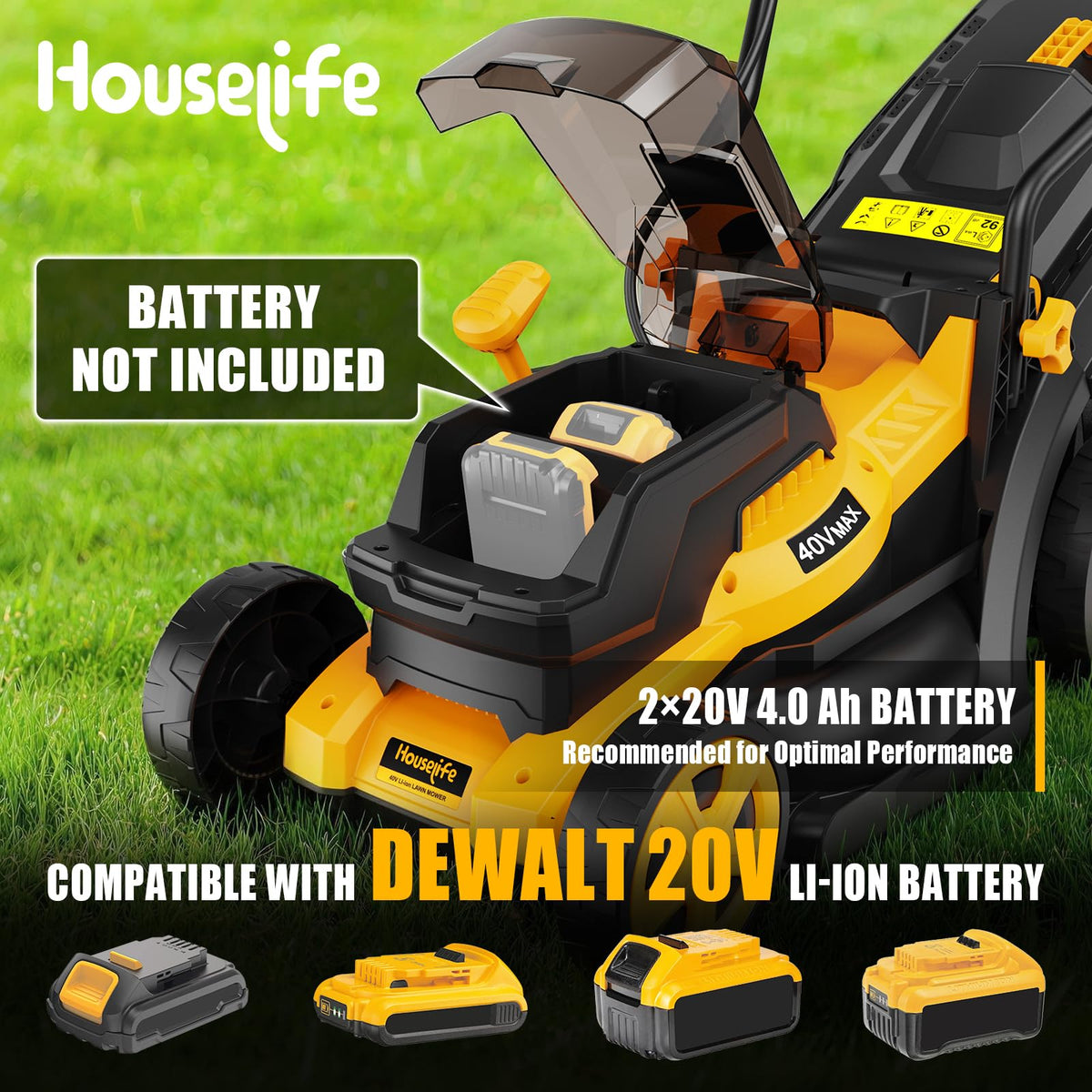 Houselife mower compatible with Dewalt 2x20V MAX batteries for extended runtime.