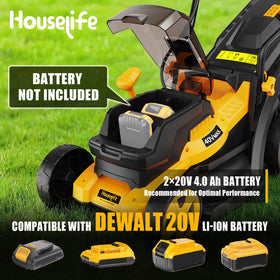 Houselife mower compatible with Dewalt 2x20V MAX batteries for extended runtime.