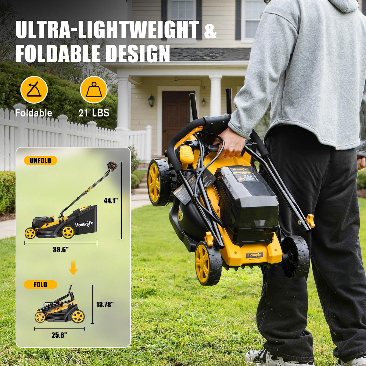 Houselife 6-position height adjustment for varied grass types.