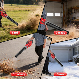 Houselife blower in action for gutters, debris, and car drying use cases.