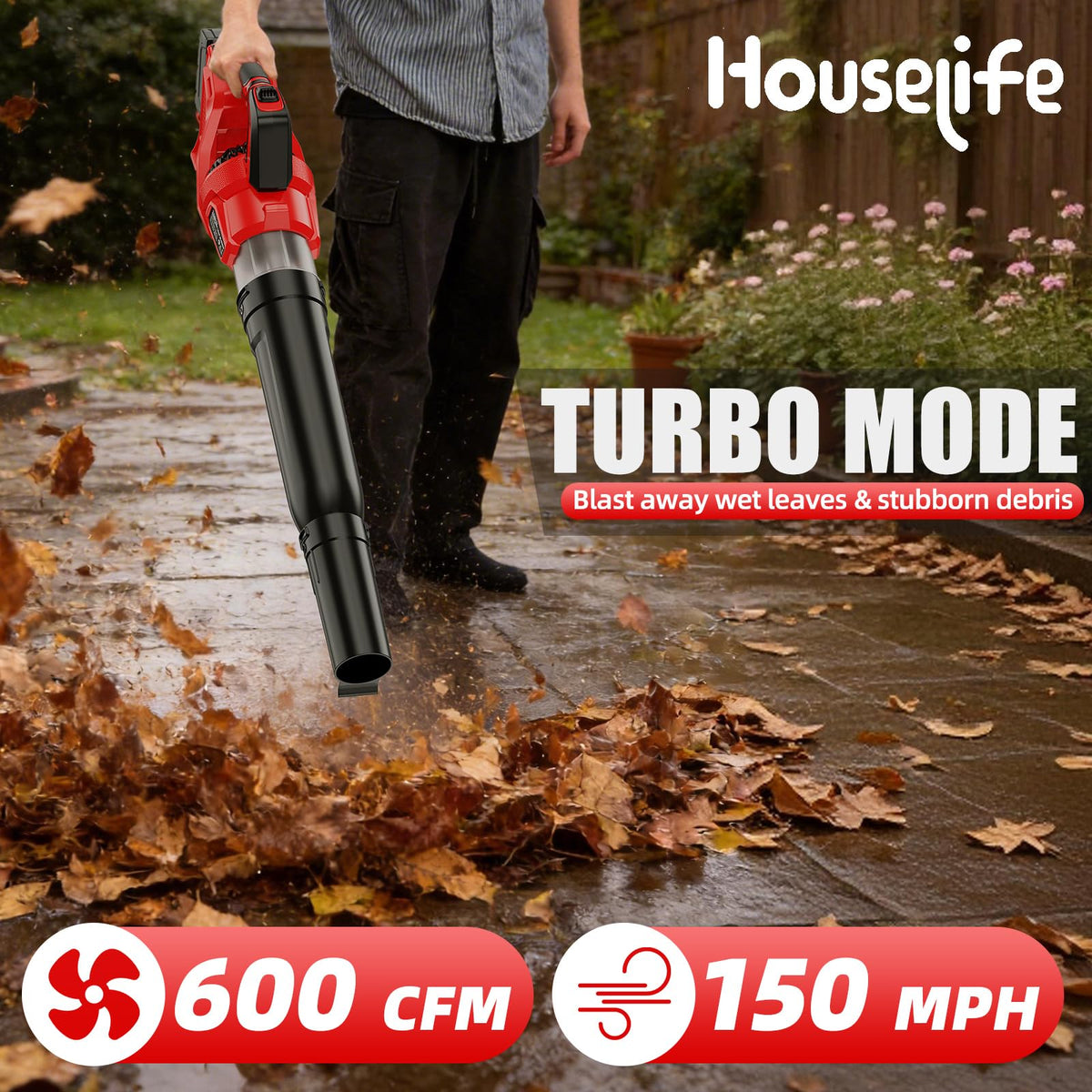 Houselife three-speed blower with Turbo mode at twenty-thousand RPM for tough jobs.