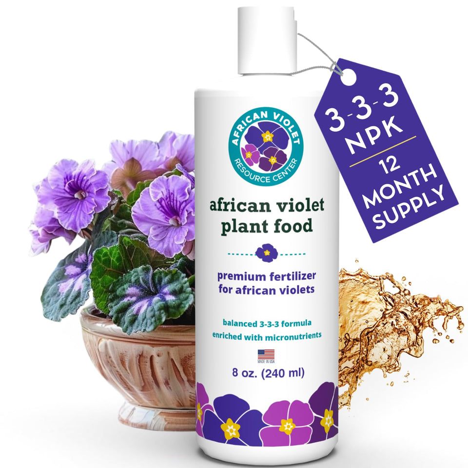 HOUSEPLANT RESOURCE CENTER African Violet Fertilizer bottle boosts vibrant blooms.