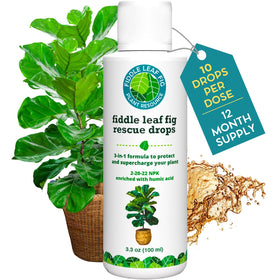 Houseplant Resource Center Rescue Drops bottle for fiddle leaf fig care and stress relief.