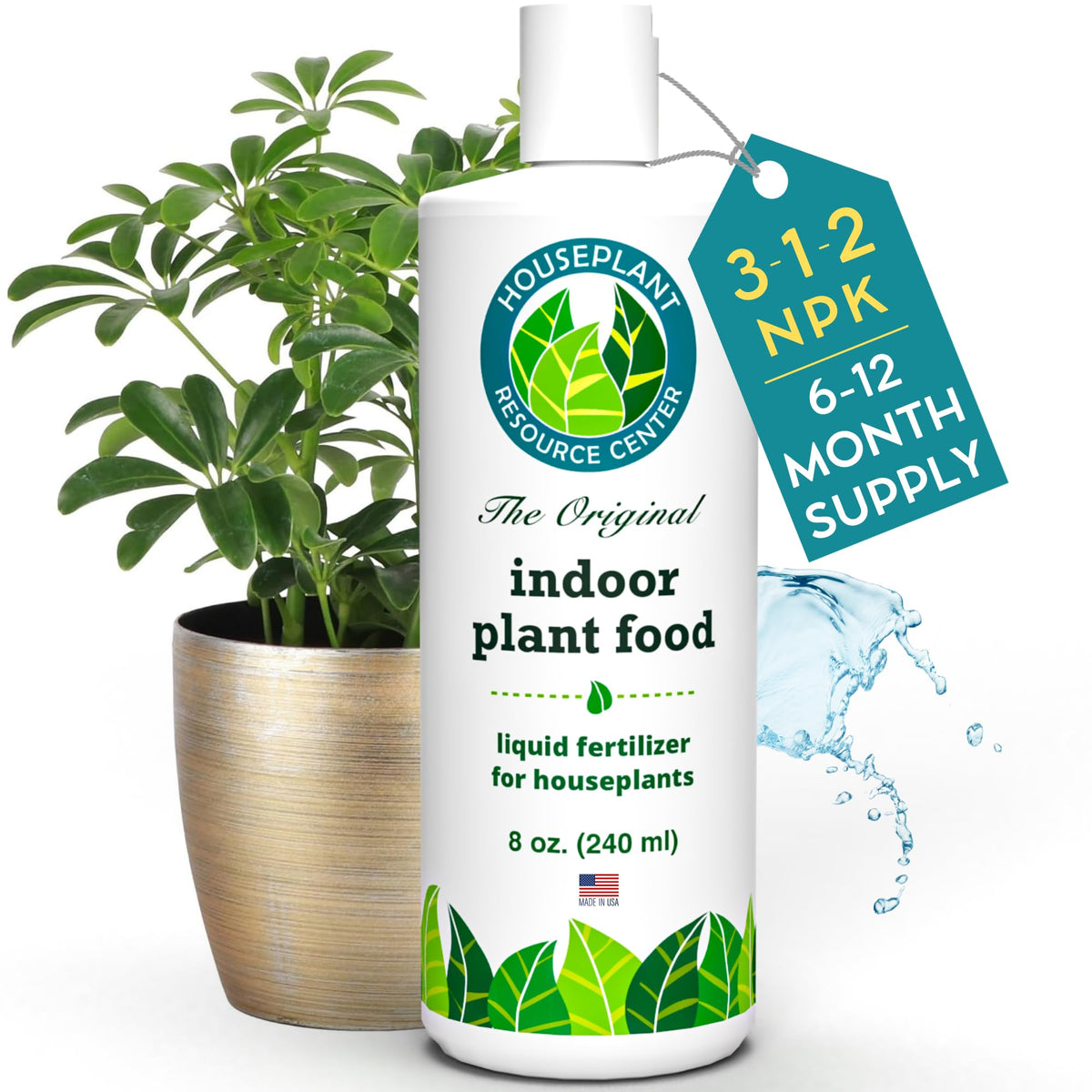Houseplant Resource Center Indoor Plant Food bottle being poured for balanced feeding