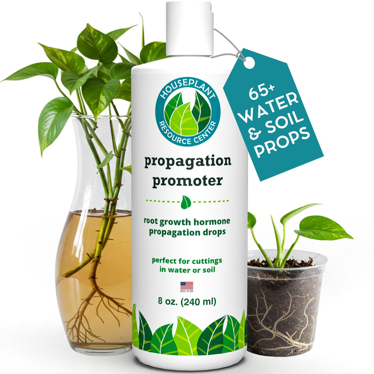 Houseplant Prop Drops bottle showcases natural root growth support for cuttings.