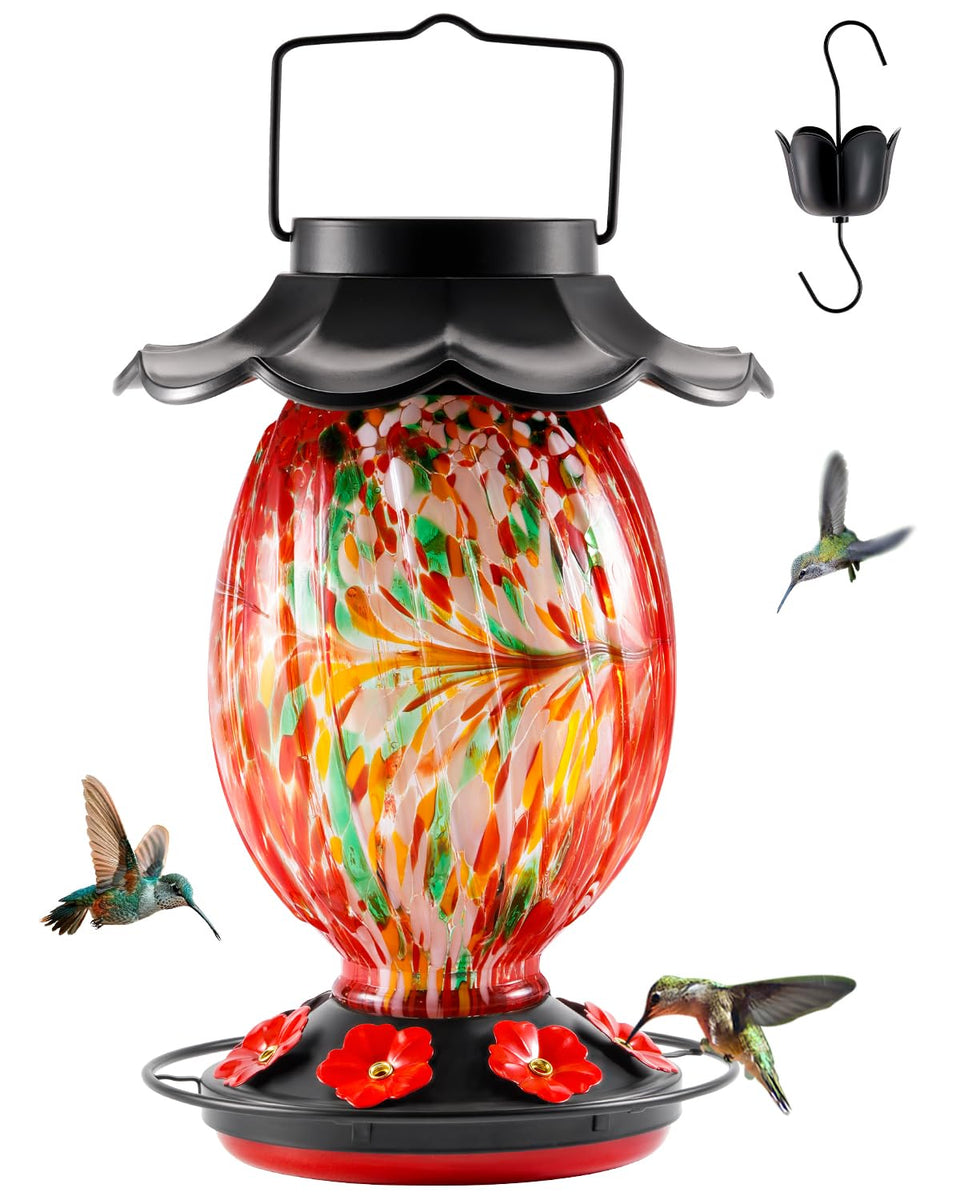 HouseSapp solar hummingbird feeder 49oz reservoir attracts hummingbirds with ample nectar.