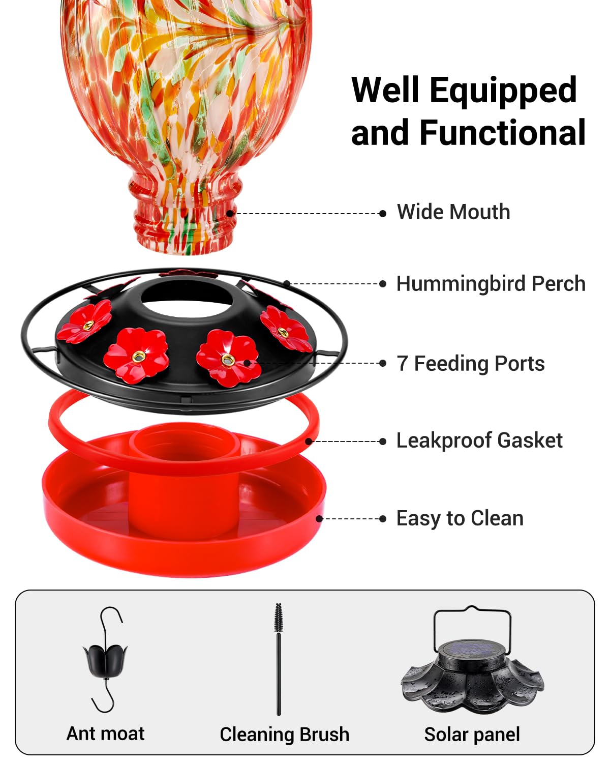 HouseSapp hand-blown glass art feeder adds elegance while feeding hummingbirds.