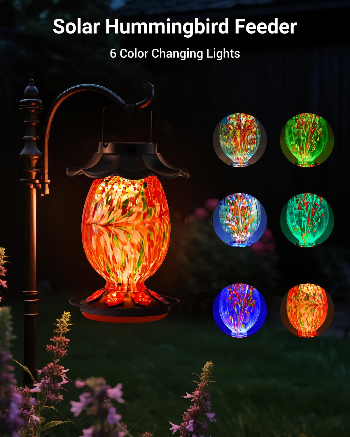 HouseSapp solar hummingbird feeder seven-port perch hosts multiple birds feeding.