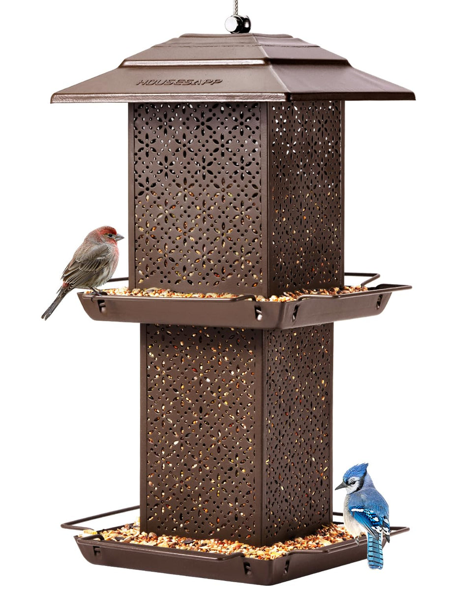 HouseSapp outdoor bird feeder with double-tier design attracting multiple bird species.
