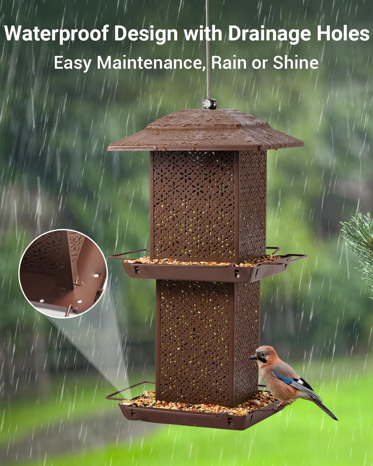 HouseSapp brown double-layer tower helps birds spot seeds easily.