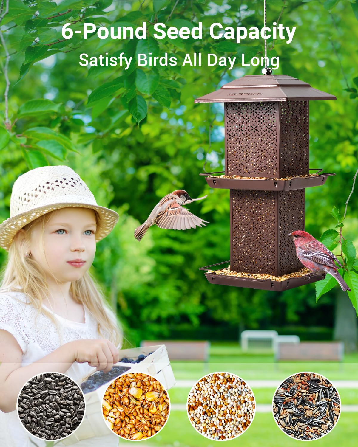 HouseSapp weather-resistant feeder blends with garden décor for year-round use.