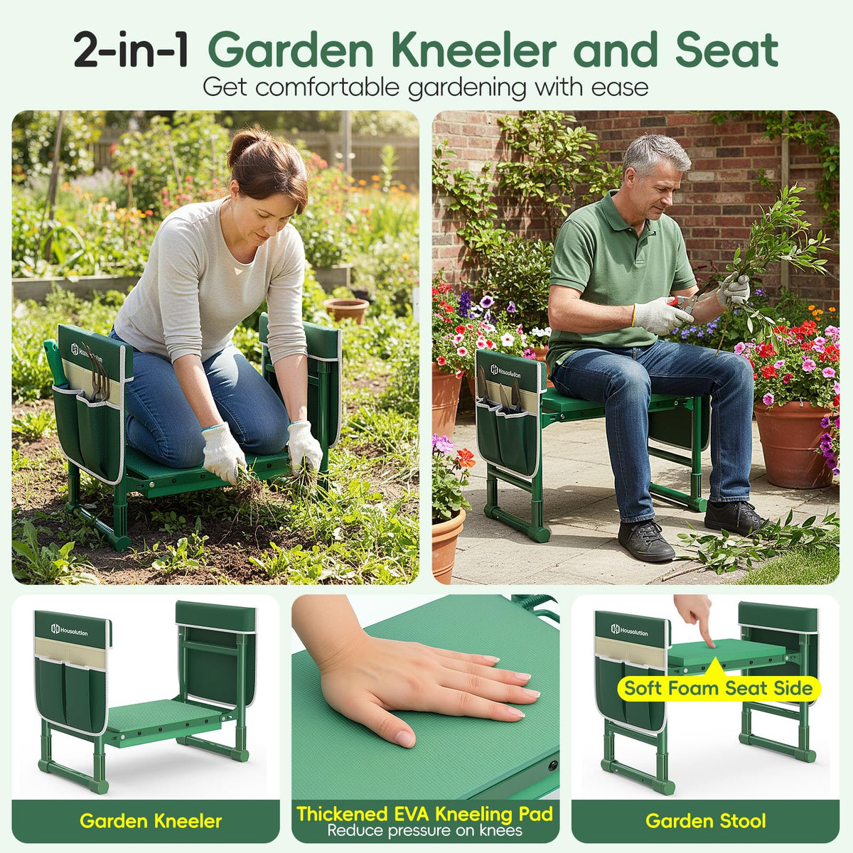 Housolution Garden Kneeler folded into a compact stool for easy transport.