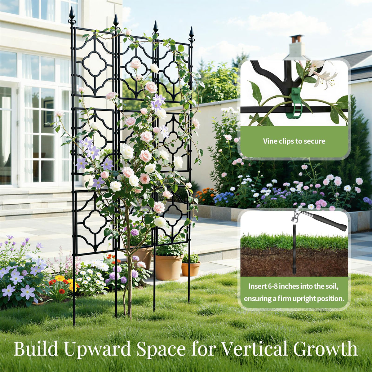 Multipurpose rose and vine support for various garden layouts
