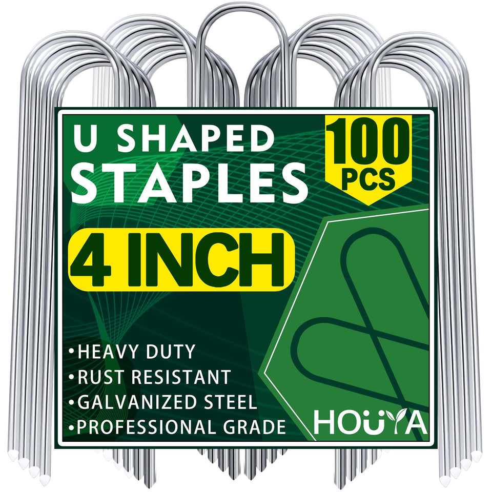 Houya 100-pack garden stakes with a 4inch U-shaped design for sturdy ground anchoring