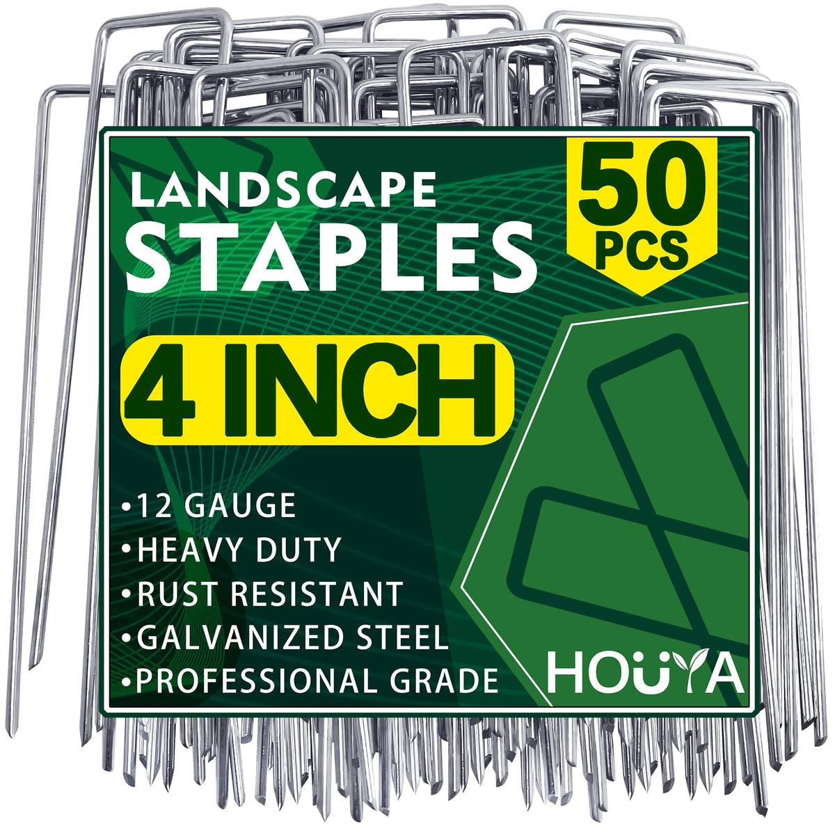 Houya 50-pack landscape stakes with beveled tips for easy turf and fabric anchoring.