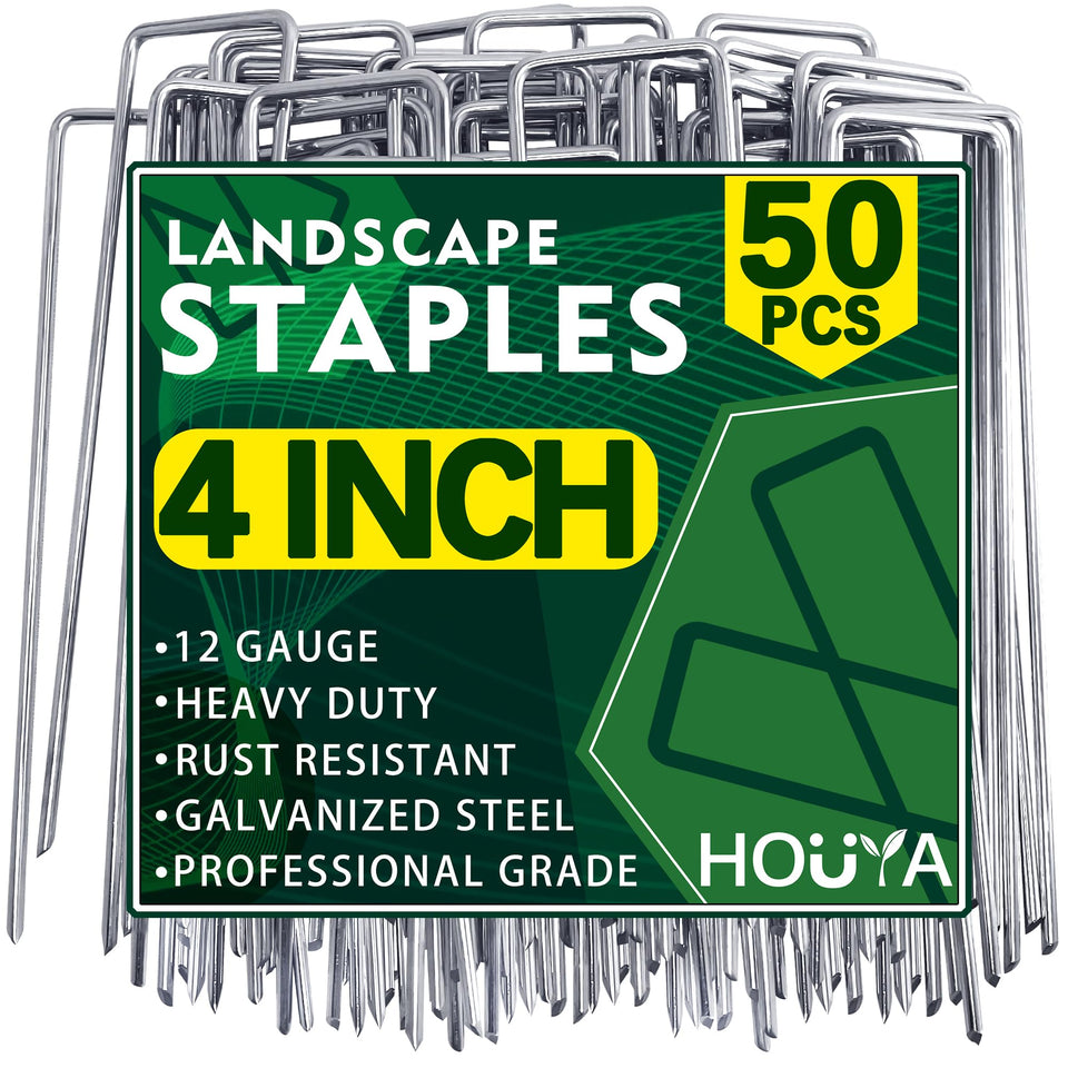 Houya 50-pack landscape stakes with beveled tips for easy turf and fabric anchoring.