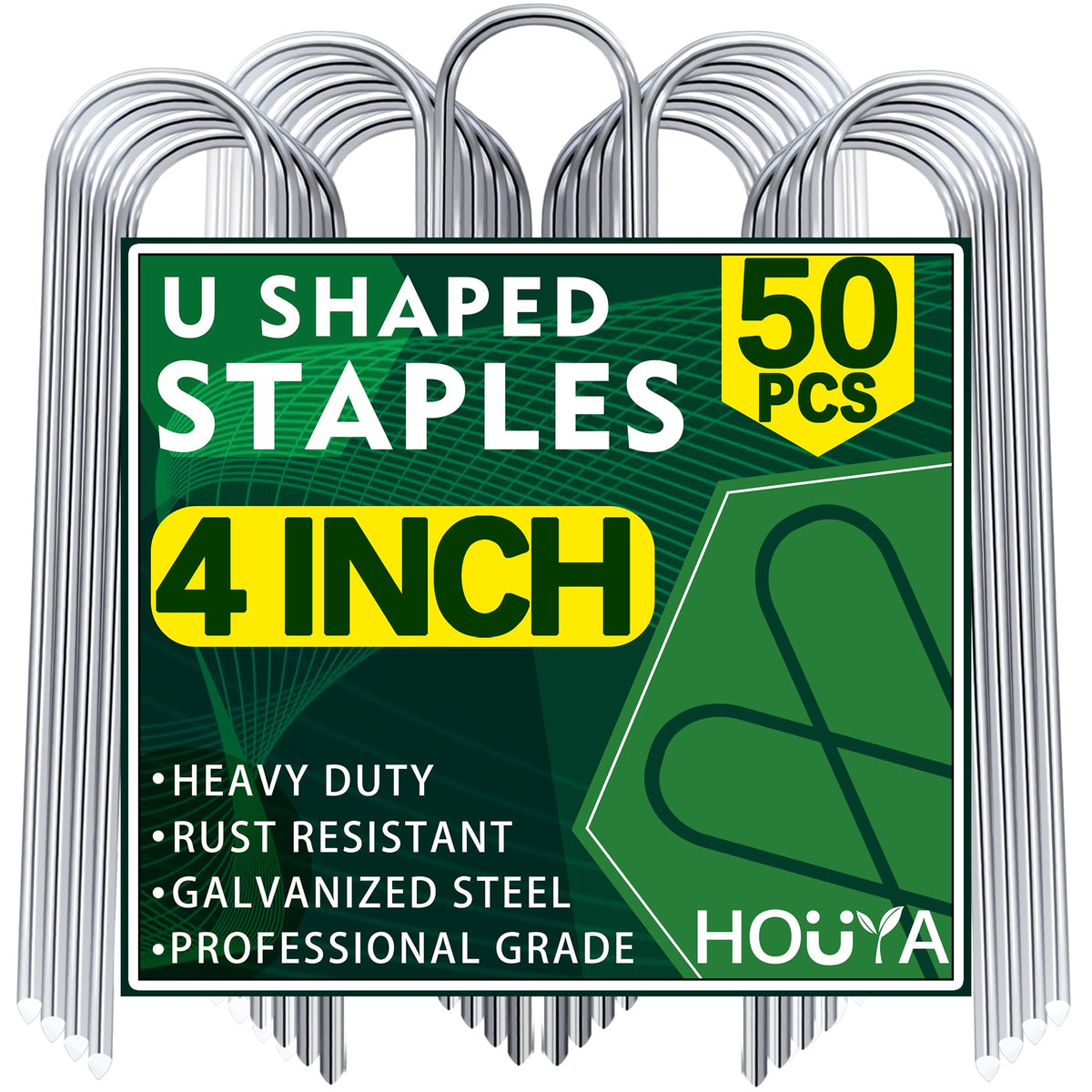 Houya garden stakes 4-inch U-shaped securing drip lines with sturdy galvanized steel.