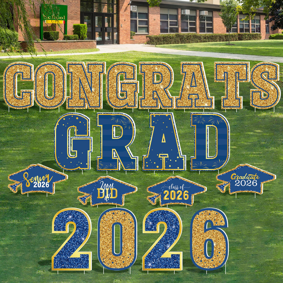 HOVACY congrats grad 2026 sign with blue and gold letters for yard decor