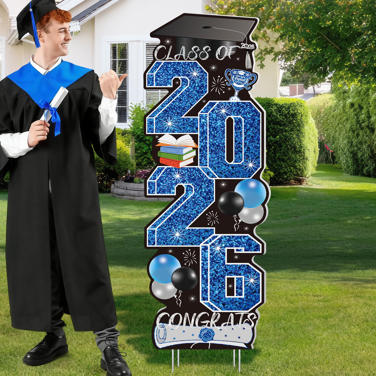 HOVACY Congrats Grad Sign 4pc Blue assembled for outdoor yard display.
