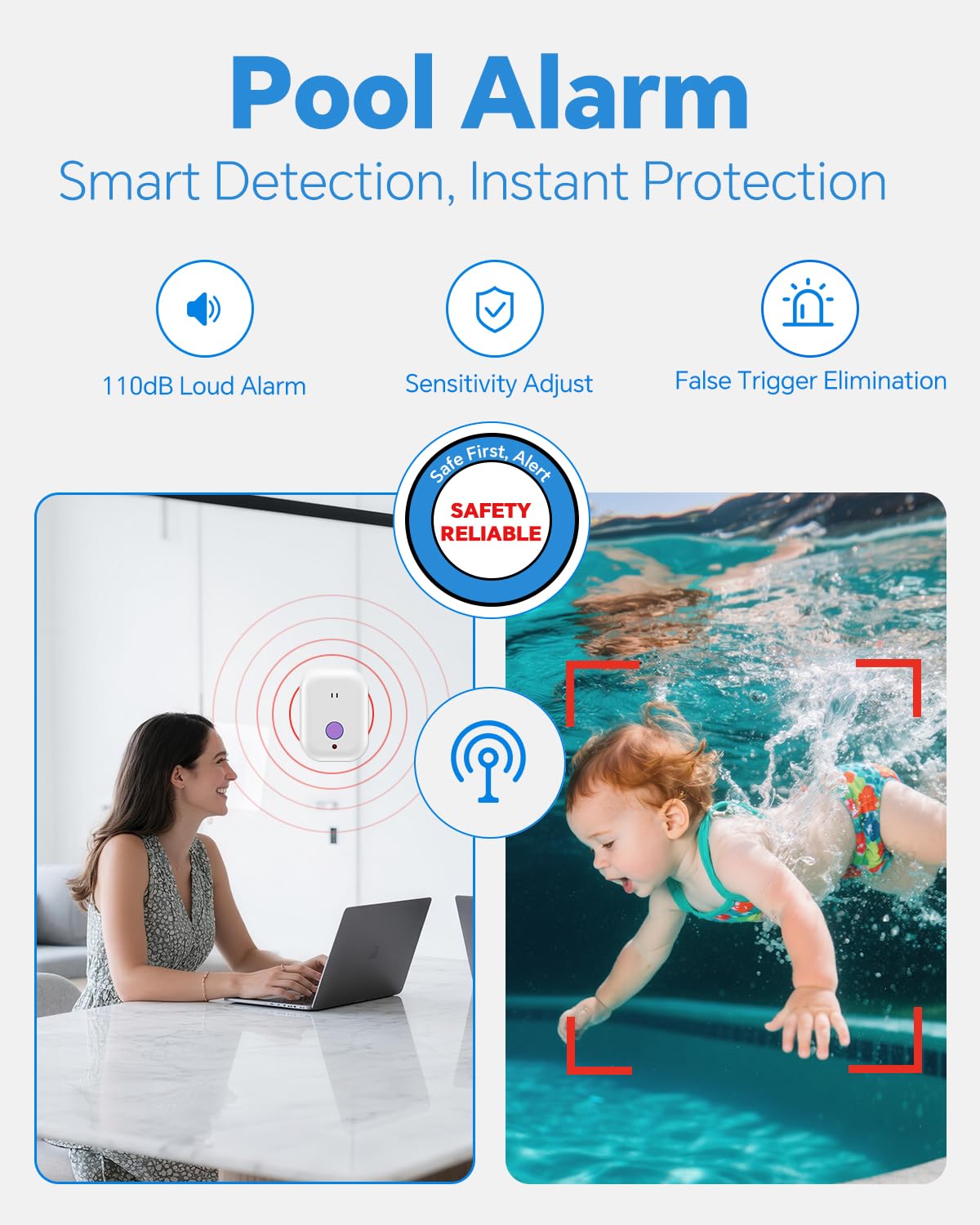 Hovara pool alarm emits 110dB alert for fast pool notification.