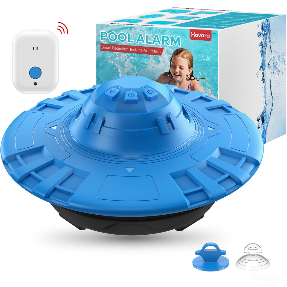Hovara pool alarm floats in water for quick safety monitoring.