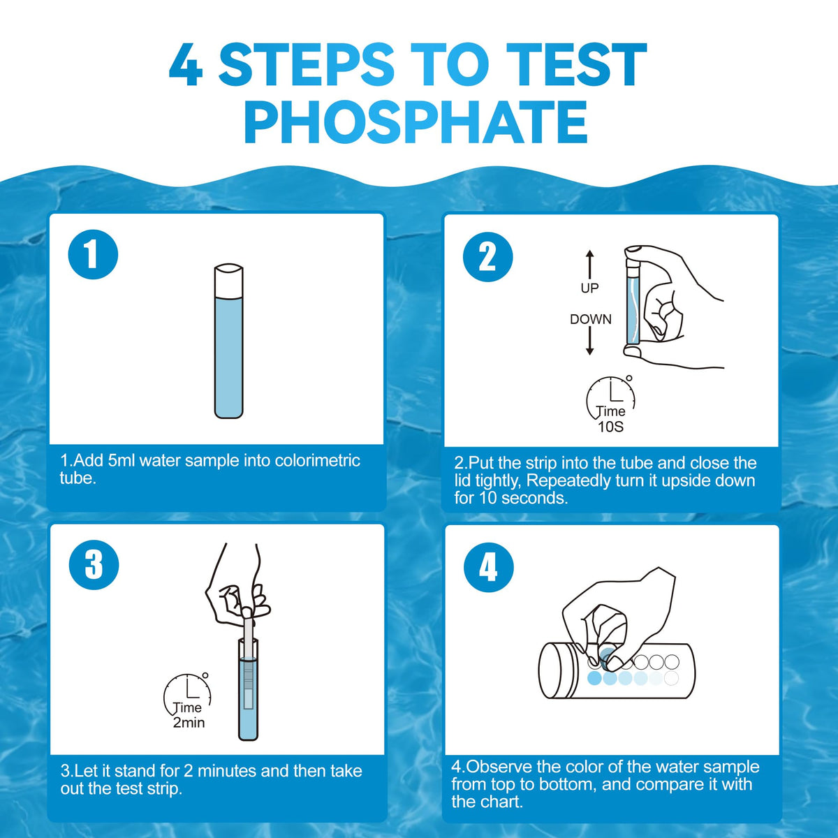 HOVIRAN phosphate test kit uses a 5ml water sample in the colorimetric tube.