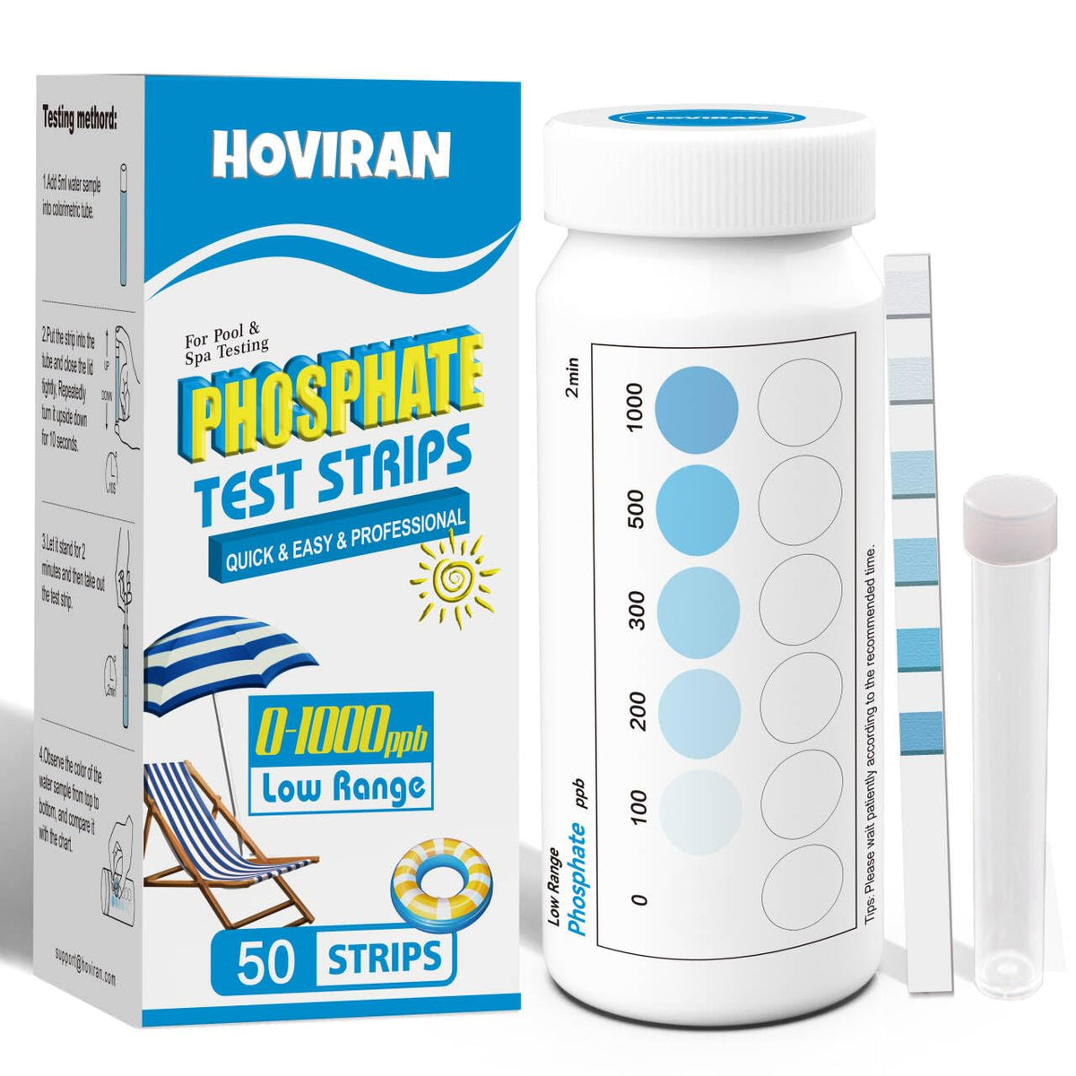 HOVIRAN phosphate test kit packaging and contents for quick at-home pool testing.