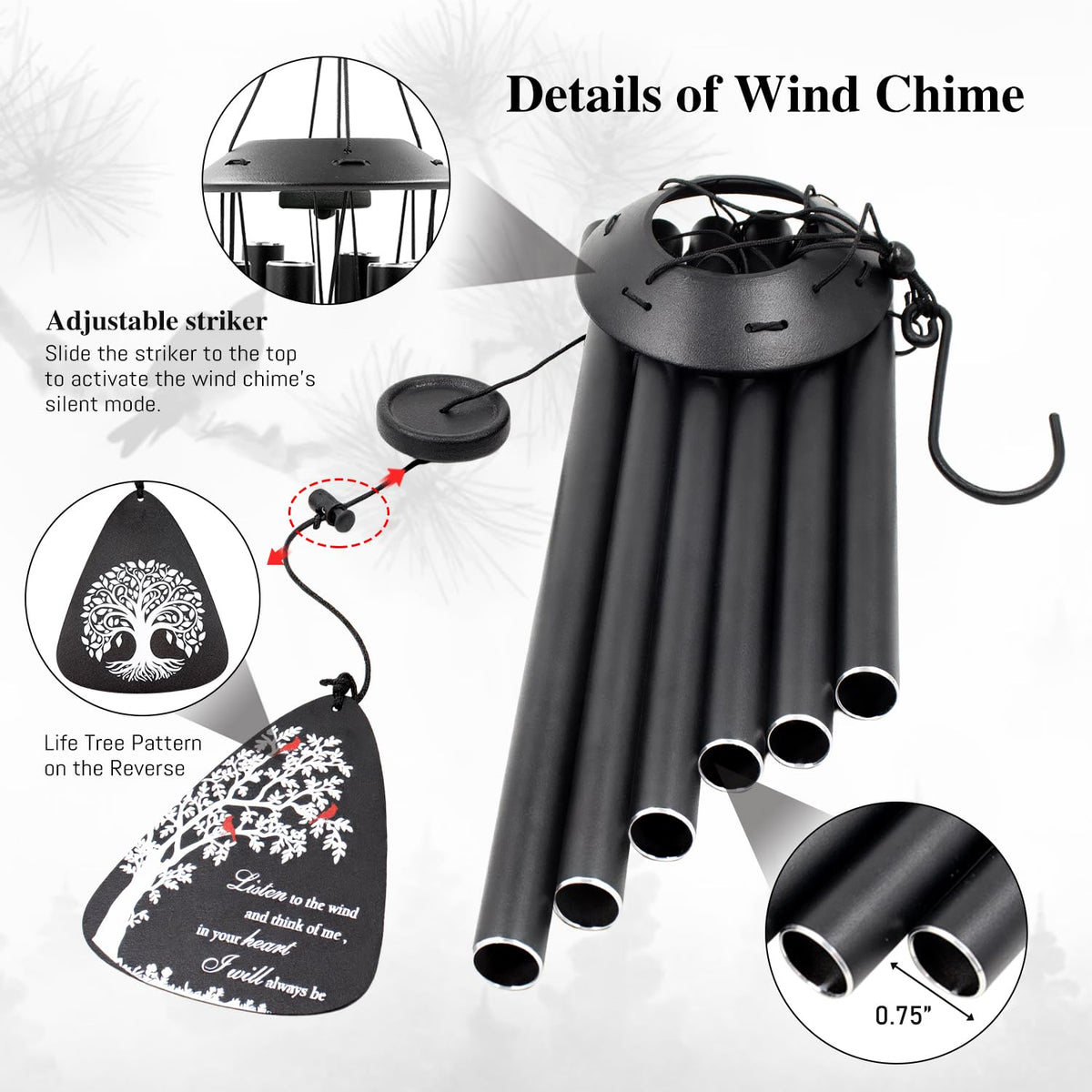Howarmer wind chime with classic black finish complements any porch.