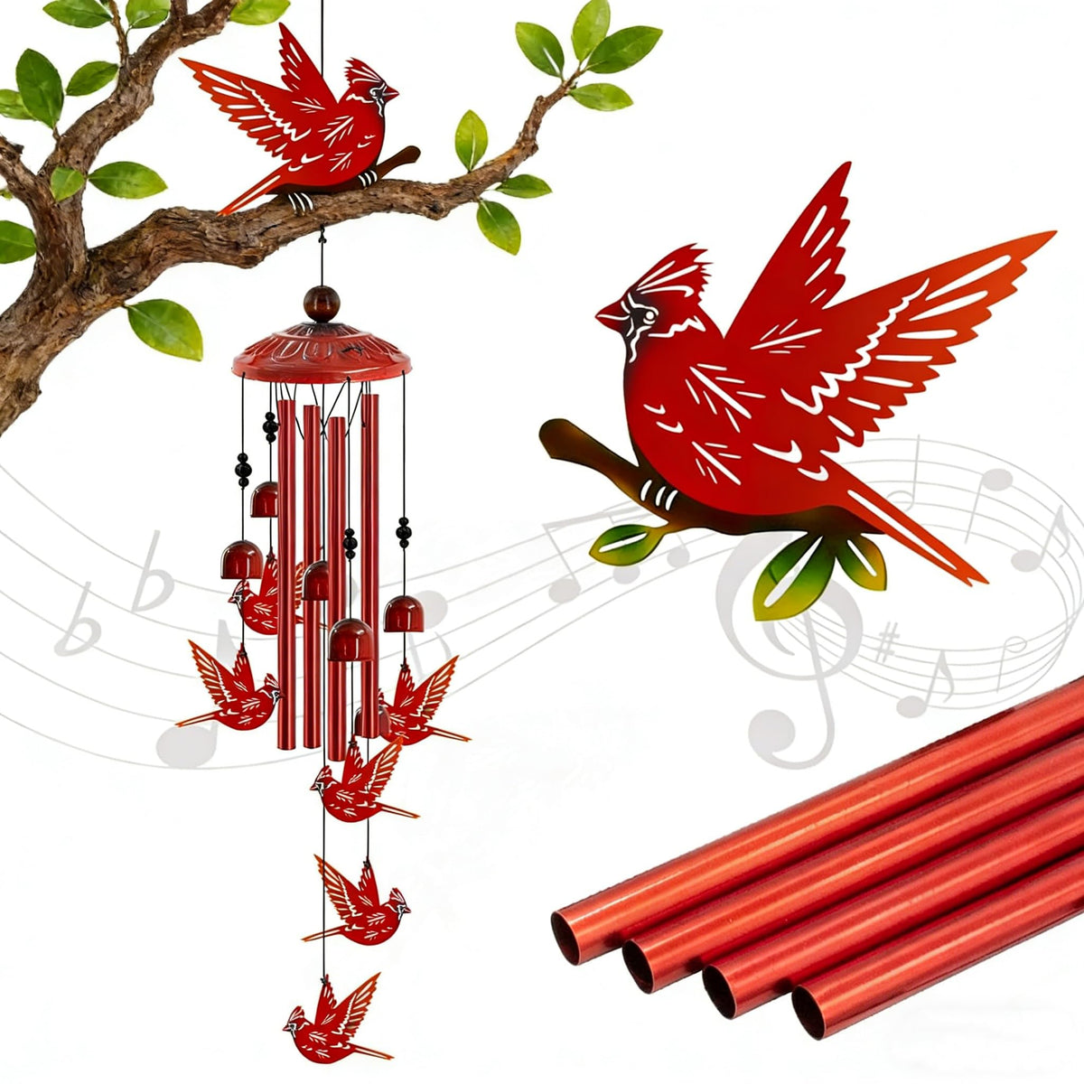 Howarmer Cardinal Wind Chimes outdoors with 35-inch red birds creating crisp, soothing tones.