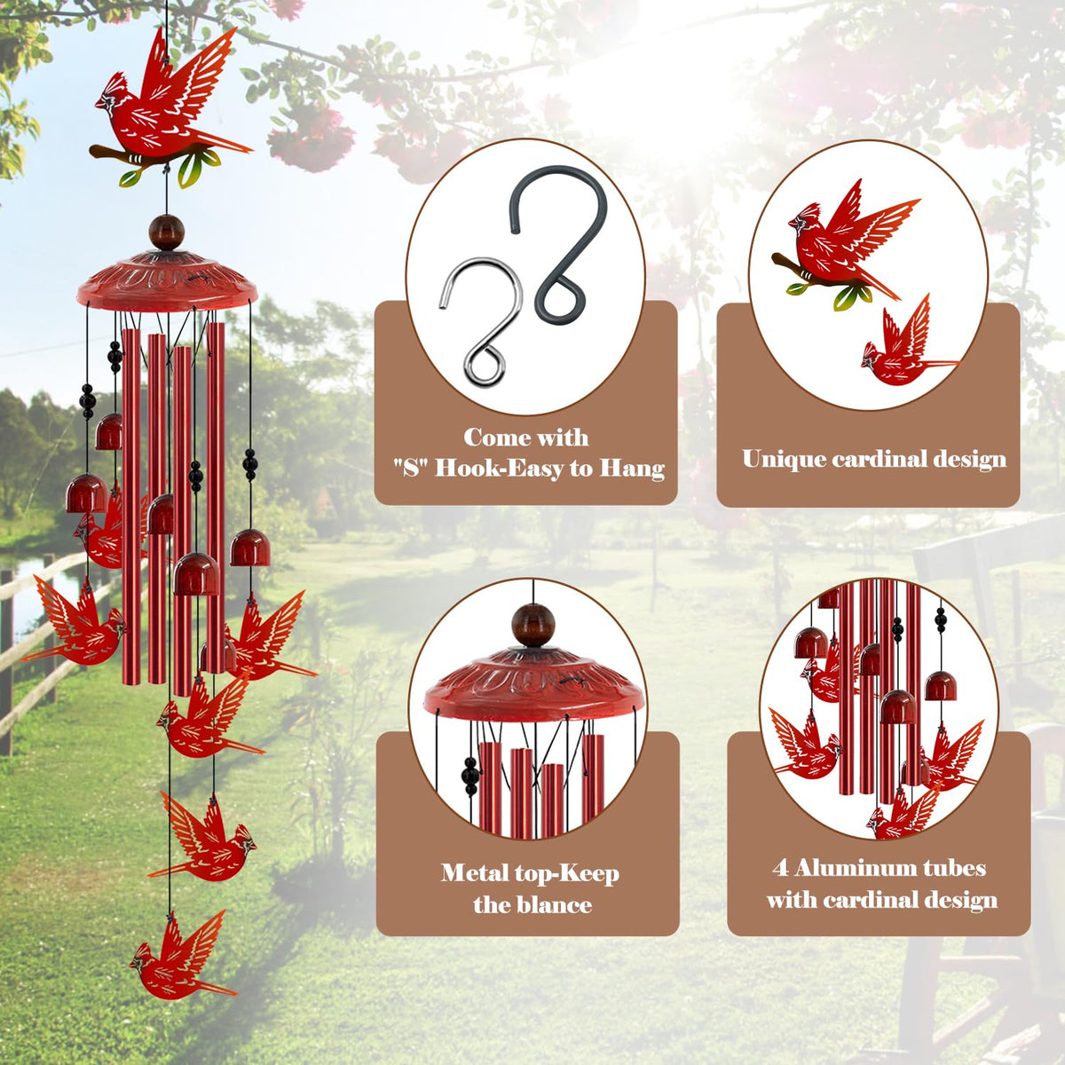Howarmer Cardinal Wind Chimes six mini-cardinals provide balanced garden decor.
