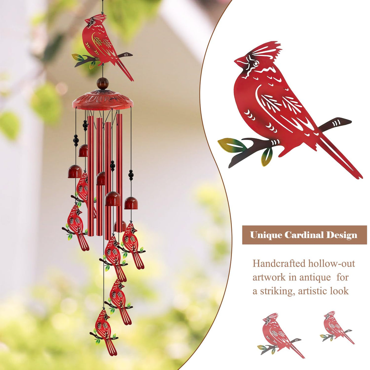 Howarmer Cardinal Wind Chimes with small cardinals enhances garden visuals and tranquil mood.