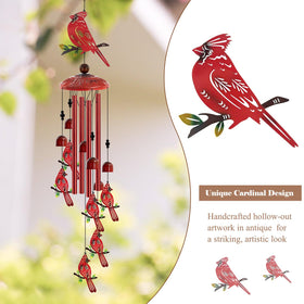 Howarmer Cardinal Wind Chimes with small cardinals enhances garden visuals and tranquil mood.
