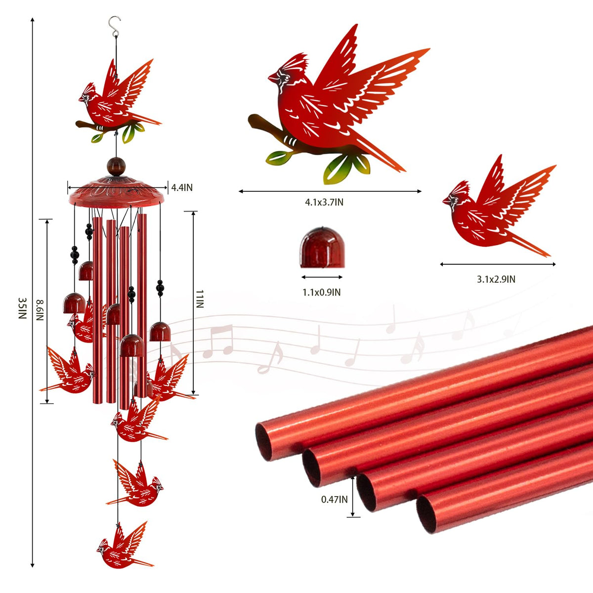 Howarmer Cardinal Wind Chimes tuned aluminum tubes create melodic outdoor ambiance.