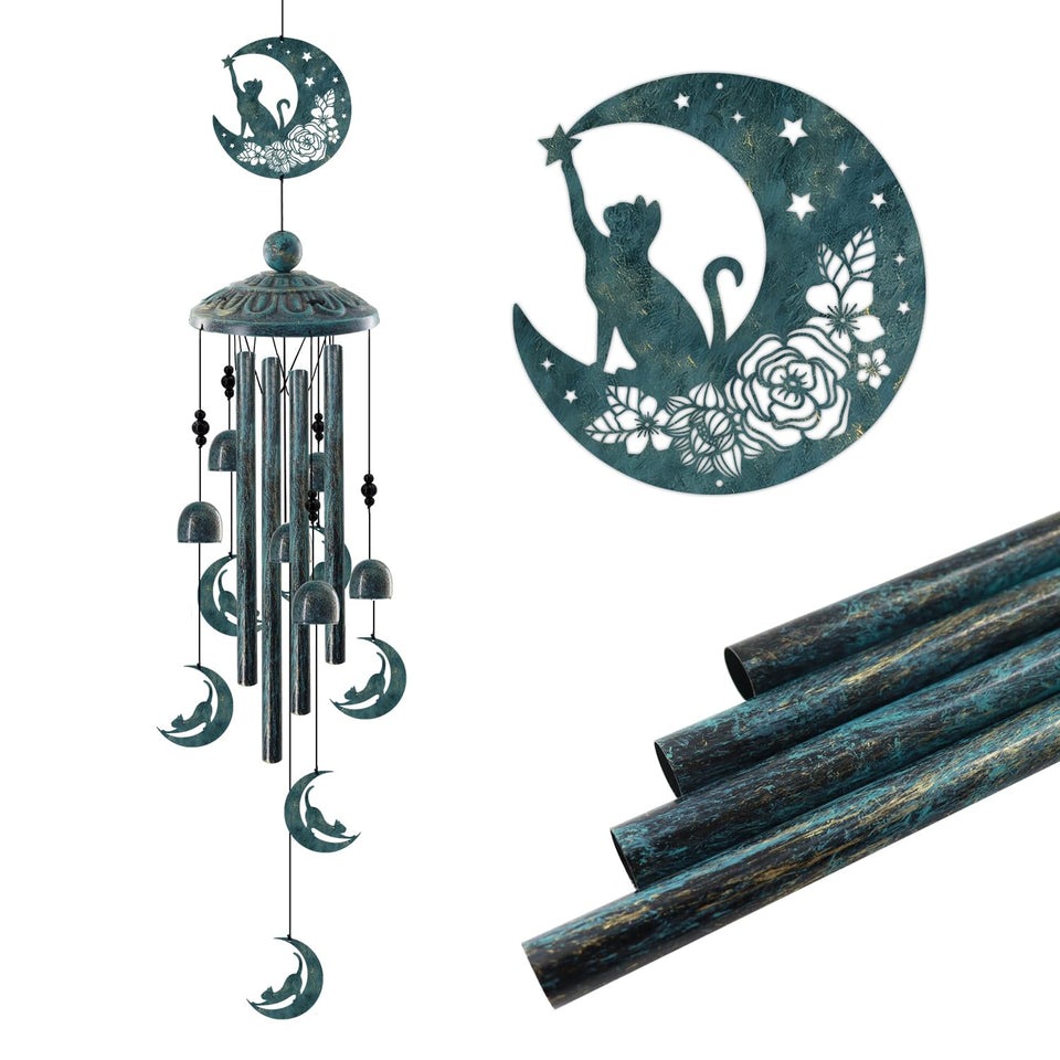 Howarmer Cat on the Moon windchime full view in outdoor garden for charm