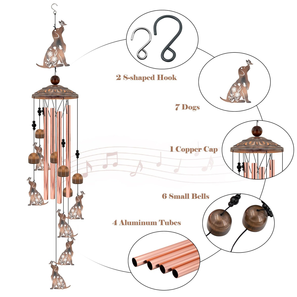 Howarmer dog windchimes brass tubes deliver clear tones