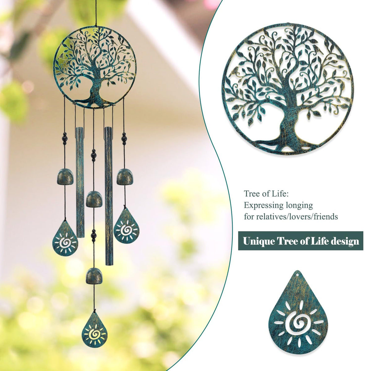 Howarmer Tree of Life wind chime featuring three bells for balcony soundscape.