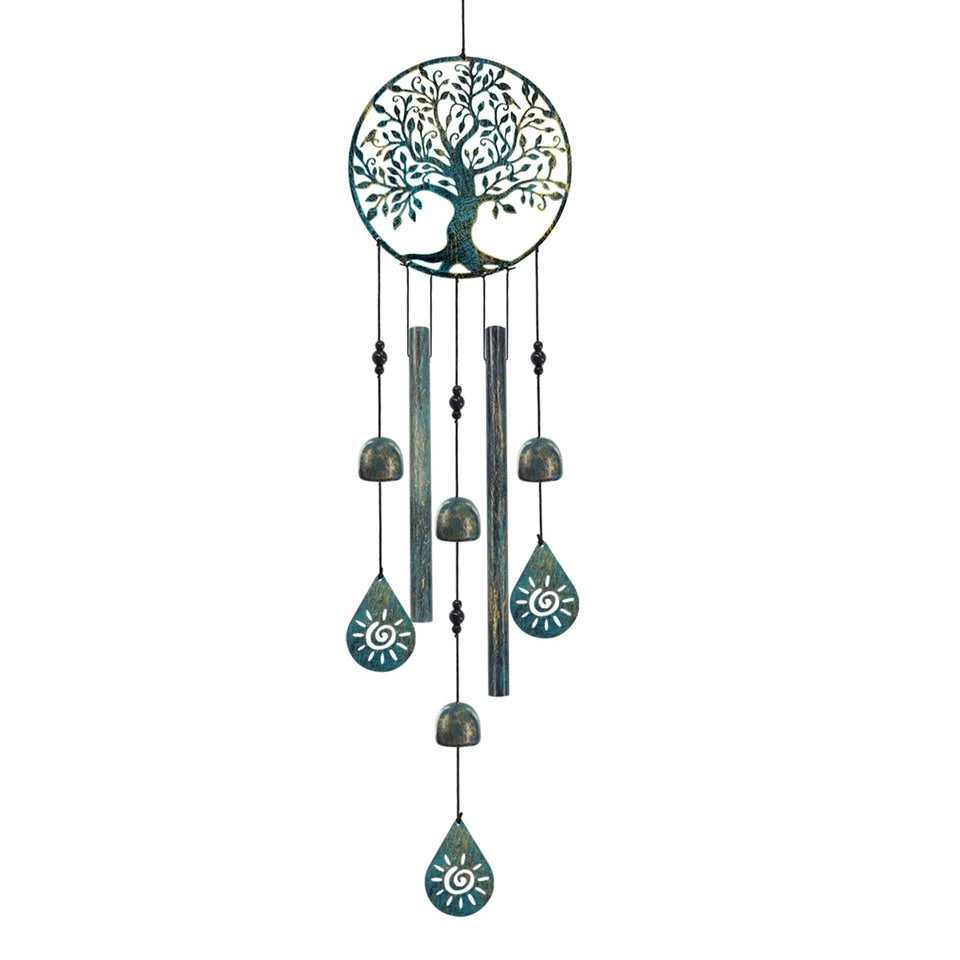 Howarmer Tree of Life wind chimes with verdigris top for garden ambience.