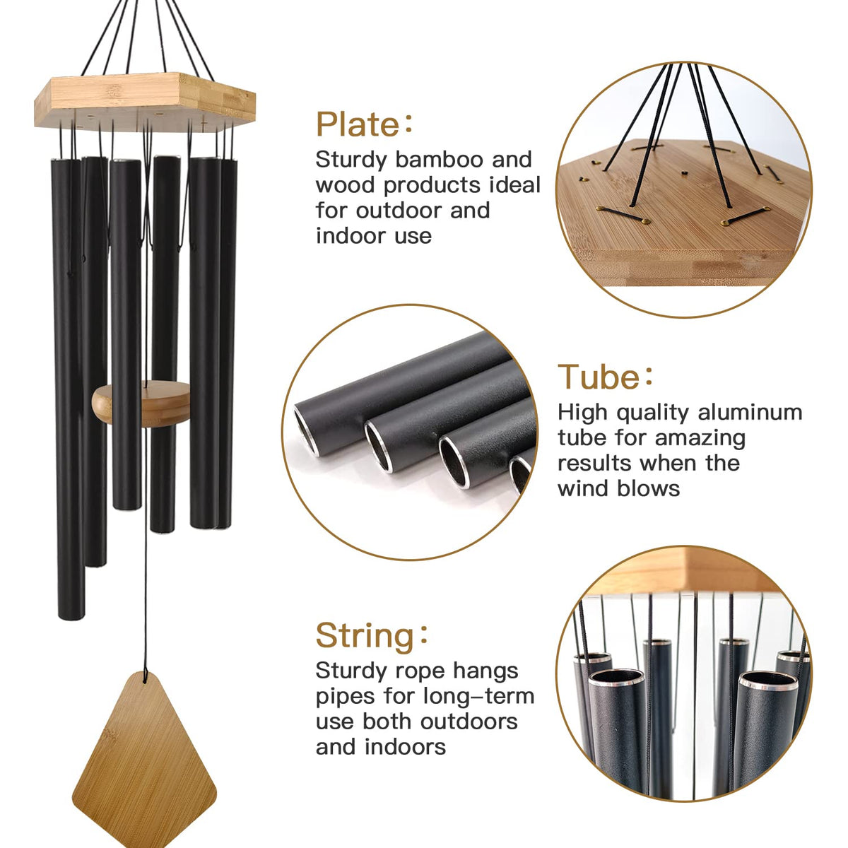 Howarmer wind chimes in black add melodic charm to your patio or yard.