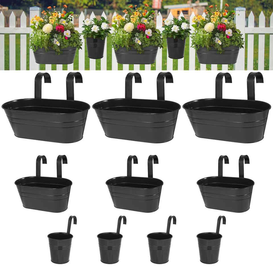 HowRU large hanging flower pots on a railing display vibrant blooms with sturdy mounting