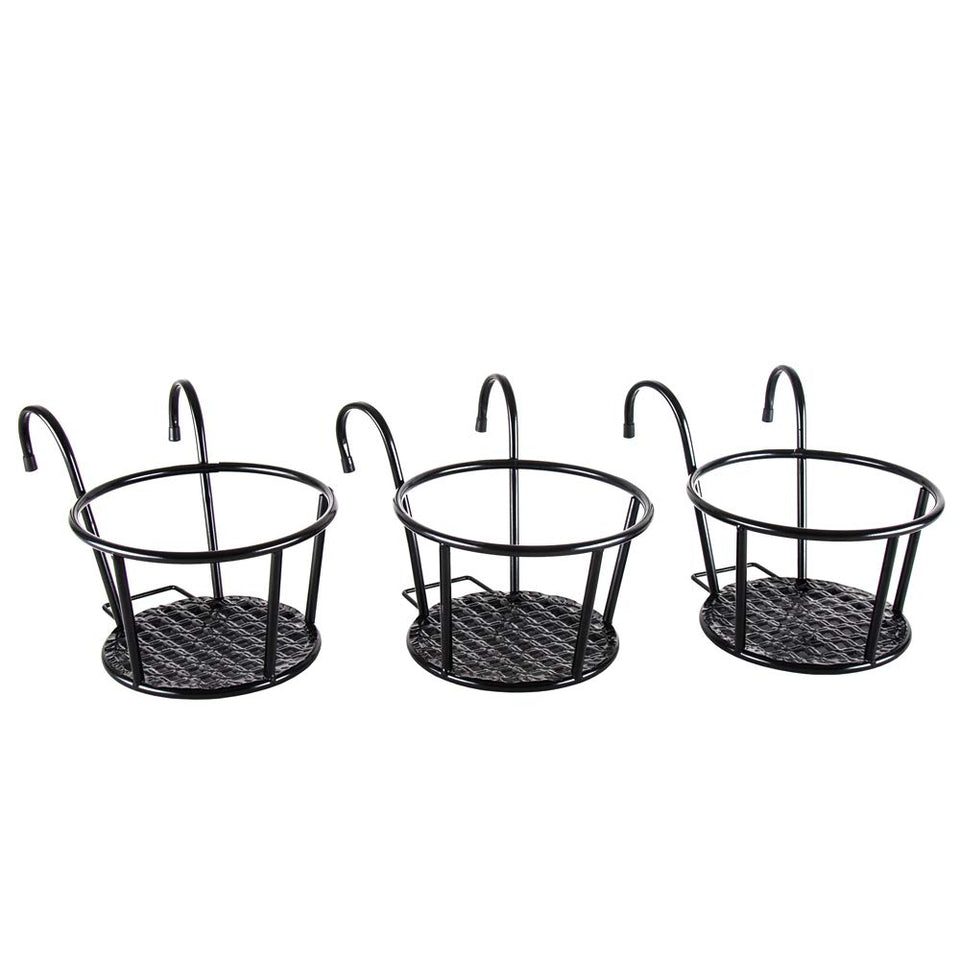 HowRU Iron Art hanging basket over the rail with a sleek black finish enhances outdoor decor and plant display
