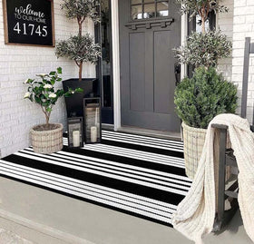 HOXCIK black and white outdoor rug with striped design for porch protection and style