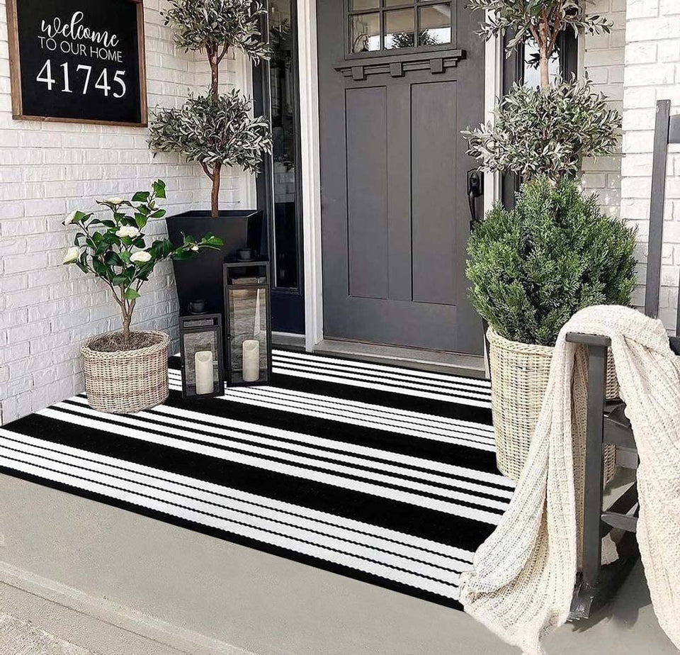 HOXCIK black and white outdoor rug with striped design for porch protection and style