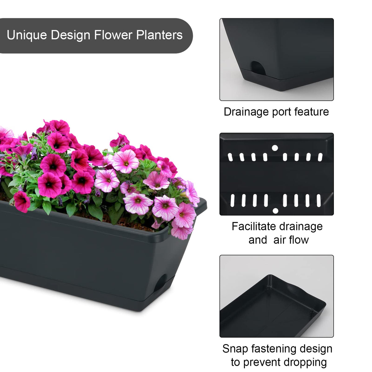 HOXHA Window Box Planter durable plastic endures wind and rain for seasons.