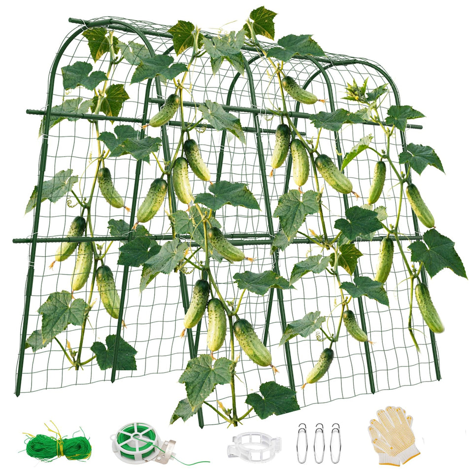 Hoyejyou 65x48 cucumber trellis arch supports climbing cucumbers for neater garden rows.