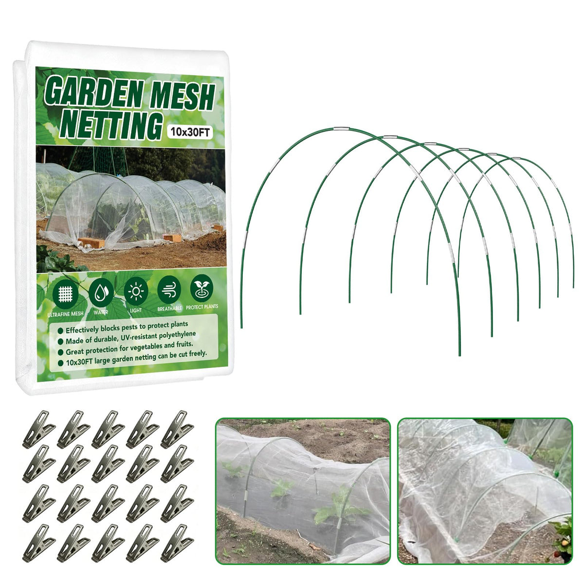 Hoyejyou garden netting kit 10x30ft protects raised beds from pests.